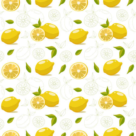 Seamless pattern of yellow lemons and leaves in a flat and doodle style. Vector illustration on a white background for wrapping paper, decorのイラスト素材