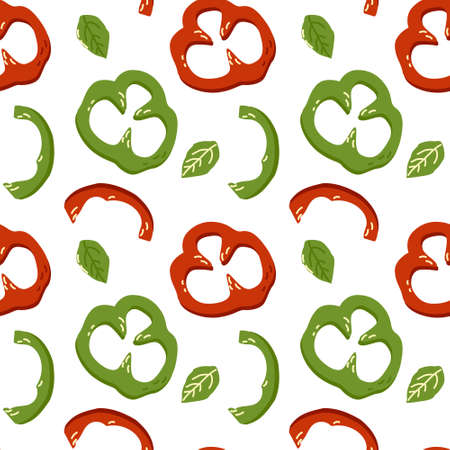 Seamless pattern of pepper slices and leaves. Cute summer print. Vector illustration on a white background for decor and wrapping paperのイラスト素材