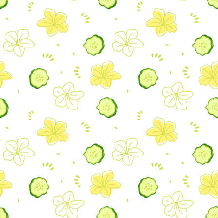 Seamless pattern of cucumber slices and yellow flowers. Cute summer print. Vector flower illustration on a white background for decor, wrapping paperのイラスト素材