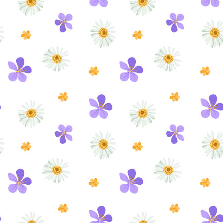 Seamless pattern of wild flowers of daisies. Summer print. Vector illustration in hand-drawn style isolated on a white background for decor and wallpaperのイラスト素材