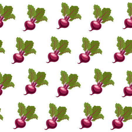 Seamless pattern of burgundy beetroot with tops. Healthy vegetables from the garden. Vector illustration on a white background for decor, wrapping paperのイラスト素材