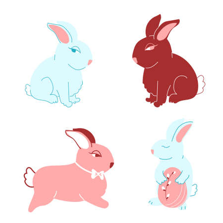 A group of cute Easter bunnies. Chocolate bunny, rabbit with Easter egg. Vector illustration in hand-drawn style on a white background for decor, postcardsのイラスト素材