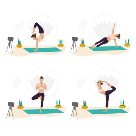 A set of yoga poses. The instructor performs exercises online. Healthy lifestyle. Vector illustration in cartoon style isolated on white backgroundのイラスト素材