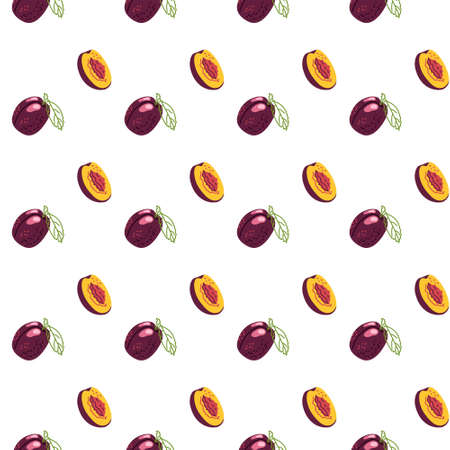 Fruit seamless pattern of burgundy plum. Cute summer print. Vector illustration on a white...