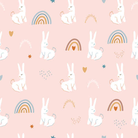 Cute seamless pattern of bunnies and boho rainbows. Suitable for childrens print. Vector illustration isolated on a pink background for decor, wrapping paper, fabricのイラスト素材