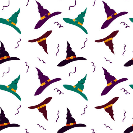 Seamless Witch Hat Pattern for Halloween. Cute holiday print. Vector illustration on a white background for decor, wrapping paperのイラスト素材