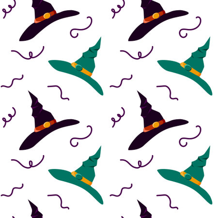 Seamless pattern of flying witch hats for Halloween. Cute holiday print. Vector illustration on a white background for decor, wrapping paperのイラスト素材