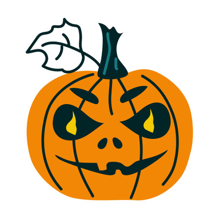 Orange Pumpkin Jack Sticker Icon for Halloween isolated on a white background. Illustration in hand-drawn style for icons, stickers, decorationsのイラスト素材