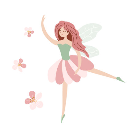 Pink Flower Fairy with flowers isolated on a white background. A fairy-tale character. Vector illustration in hand-drawn style for decoration, postcardsのイラスト素材