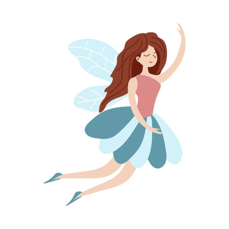 Blue Water Fairy in flight isolated on a white background. A fairy-tale character. Vector illustration in hand-drawn style for decoration, postcardsのイラスト素材