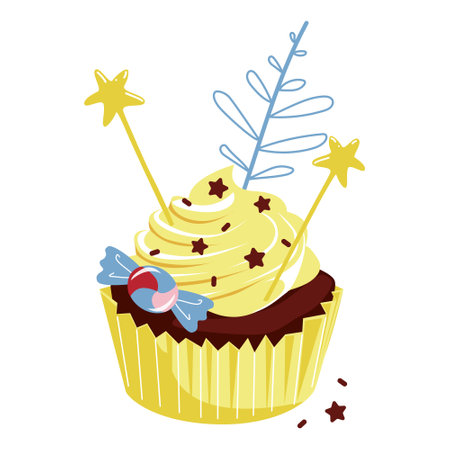 Festive cupcake with stars and candy on a white background. Vector illustration isolated for a holiday, postcard and printのイラスト素材