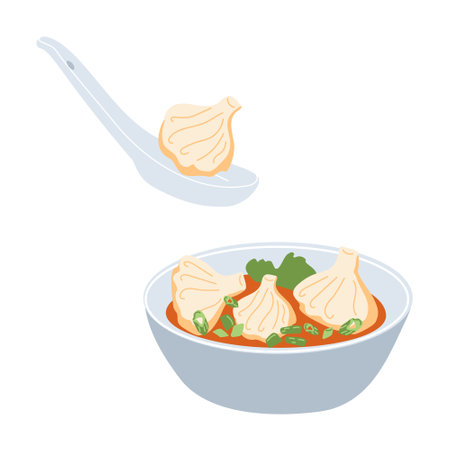 Wonton soup Chinese dumplings on a white background. Asian food. Vector illustration for restaurants, menus, decorのイラスト素材