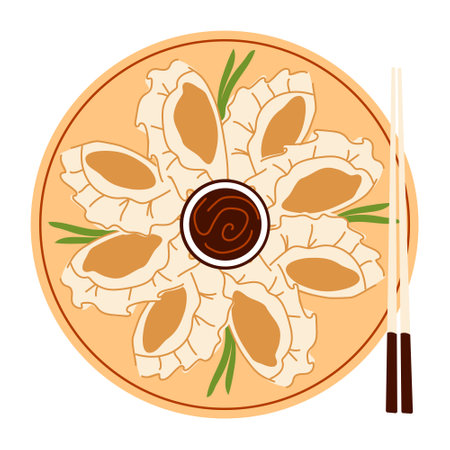 Chinese fried jiaozi dumplings top view on a white background. Asian food. Vector illustration for restaurants, menus, decorのイラスト素材