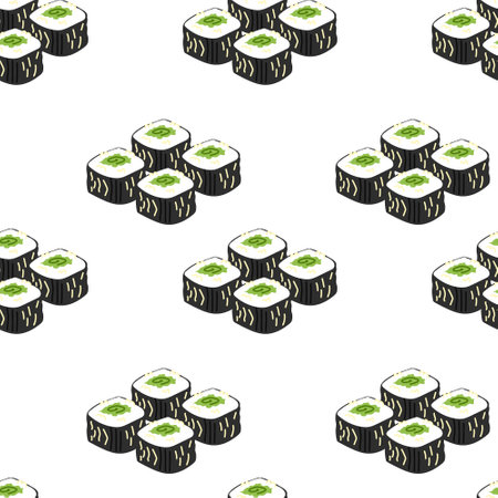 Pattern of maki rolls with cucumber on a white background. Vector illustration for decoration, postcards, printのイラスト素材