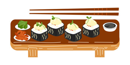 Maki rolls with fish and omelet on a white background. Asian food. Vector illustration for restaurants, menus, decorのイラスト素材