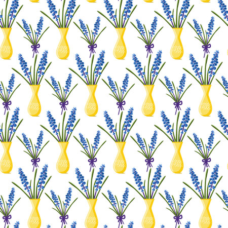 Seamless floral pattern of lavender bouquets in a vase on a white background. Vector illustration for decoration, postcards, printのイラスト素材
