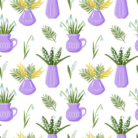 Seamless pattern of bouquets of spring flowers in a vase on a white background. Vector illustration for decoration, postcards, printのイラスト素材