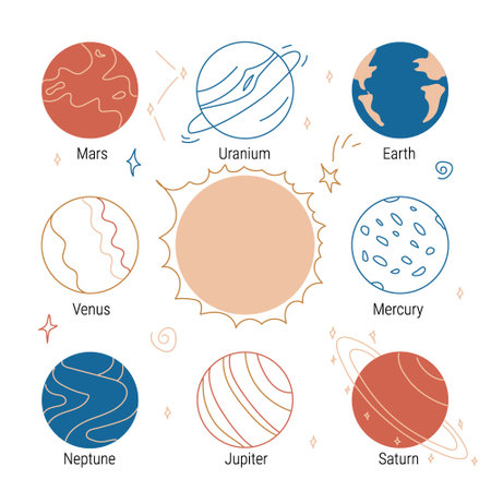 A large vector set of planets in a hand-drawn style. Fantastic planets on a cosmic background for decoration, postcards, printのイラスト素材