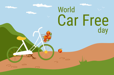 Banner for World Car Free Day. Bicycle with oranges in nature. Vector illustration for background, decoration, postcards, printのイラスト素材