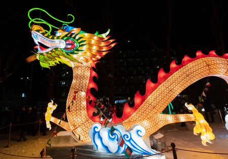 TALLINN, ESTONIA - January 26, 2019: Lightful statues for celebrating the Chinese Lantern Festival on January 26, 2019 at the Kaarli Park in Tallinn, Estonia.のeditorial素材