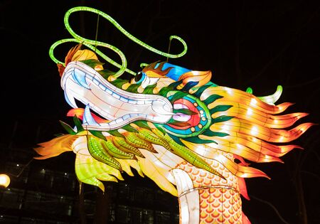 TALLINN, ESTONIA - January 26, 2019: Lightful statues for celebrating the Chinese Lantern Festival on January 26, 2019 at the Kaarli Park in Tallinn, Estonia.のeditorial素材