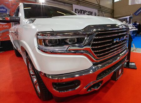 TALLINN, Estonia - MARCH 01-03, 2019: white Dodge RAM 1500 LONGHORN CREW CAB at an exhibition...