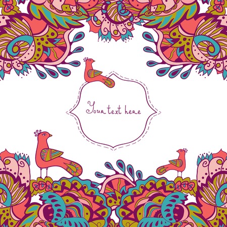 Invitation card with abstract flowers and birds.  Place for text. Easy to edit. Use for invitations announcements.のイラスト素材
