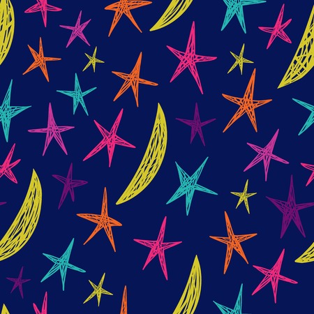 seamless pattern with stars and moons. Endless blue background. Colored stars and moons.