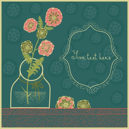 Invitation card with bunch of flowers and vase. Vector floral card. Place for text.  Perfect for wedding, invivations, cardのイラスト素材