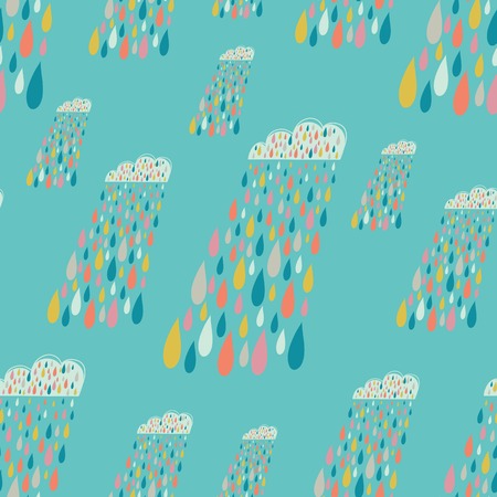 Vector cute seamless pattern with colorful rainy clouds. Blue endless background. Use for wallpaper, pattern fills, web page background.のイラスト素材