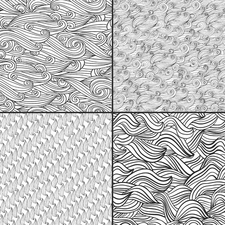 Set of four black and white wave patterns. Black and  white colors. Used for wallpaper, pattern fills, web page background,surface textures.のイラスト素材