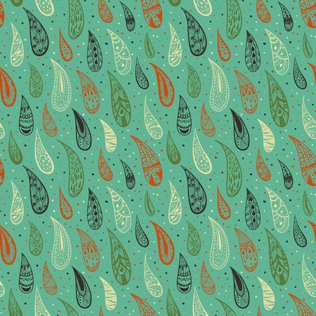 Cute seamless texture with colored rains on green background. Ornamental drops. Colorful abstract background. Vector illustration. Used as seamless wallpaper, textile, wrapping paper or background.のイラスト素材