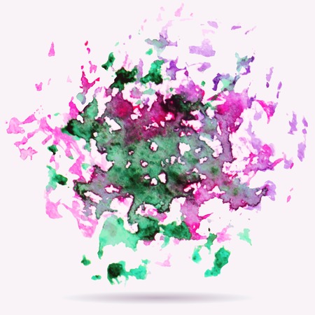 Hand drawn watercolor background. Stain watercolor with green and violet colors on the wet paper. Watercolor composition for scrapbook elements.のイラスト素材