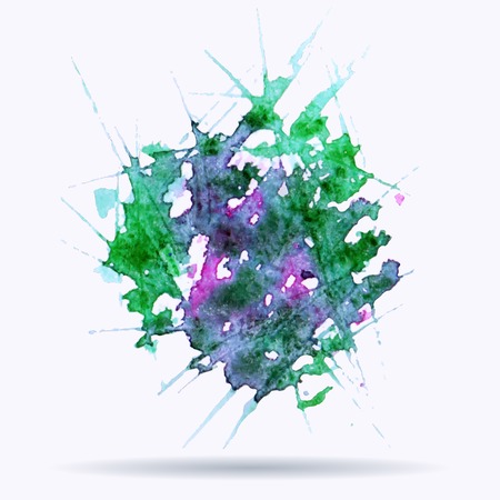 Hand drawn watercolor background. Stain watercolor with green and violet colors on the wet paper. Watercolor composition for scrapbook elements.のイラスト素材