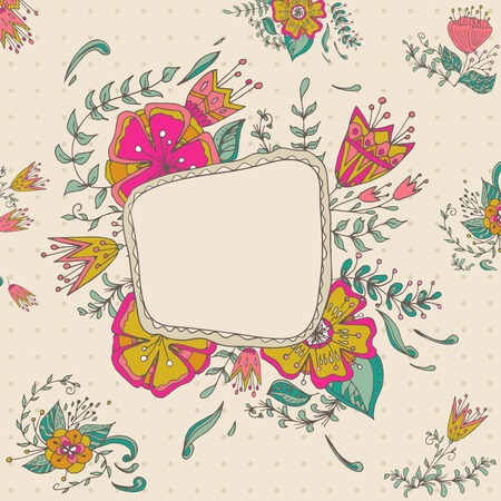 Floral Frame. Bright flowers and polka dot pastel background.のイラスト素材