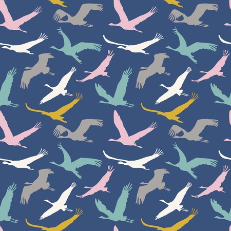 Seamless pattern of flying birds. Dark background. Retro colors.のイラスト素材