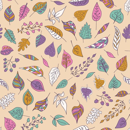 seamless pattern with colored autumn leaves on a pastel background.  Used for wallpaper, pattern fills, surface textures.のイラスト素材