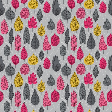 Seamless pattern with colored autumn leaves  on a gray background. Bright color. illustration Used for wallpaper, pattern fills, surface textures.のイラスト素材