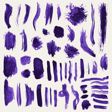 Collection of violet abstract hand painted brush strokes and other elements. Violet paint spots set and brushes. のイラスト素材