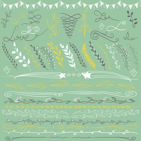 Set of hand drawn lines border and elegant design elements. Green background. Can be use as decoration.のイラスト素材