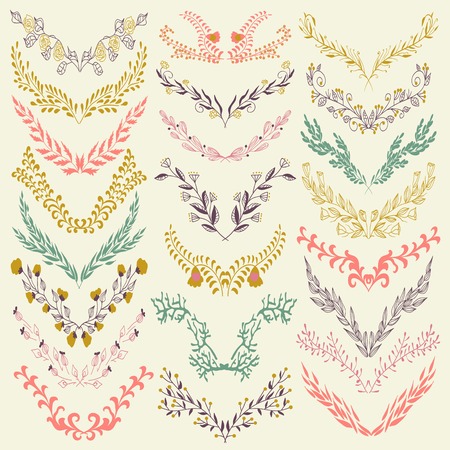 Set of hand drawn symmetrical floral graphic design elements in retro style. Pastel backdrop.のイラスト素材