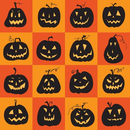 Set of a scary halloween pumpkin. Pumpkins designs with different facial expressions. Sixteen  pumpkins.のイラスト素材