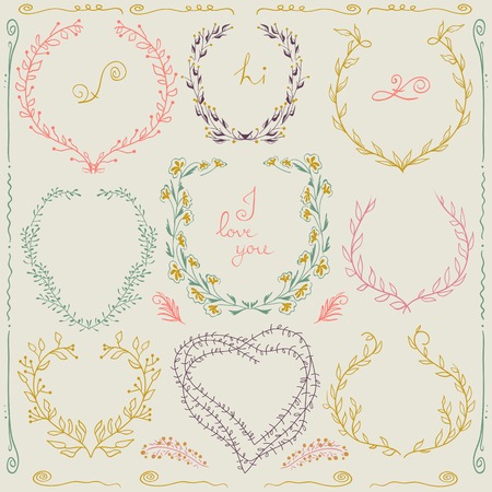 Set  of hand drawn floral frame and  lines border in retro style. Pastel backdrop. Hand drawn floral set. Pastel backdrop.のイラスト素材