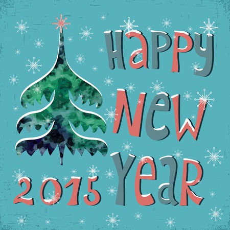 Happy New Year Greeting Card with watercolor Christmas tree , snowflakes red star and text Happy New Year, vector illustration.  Perfect as invitation or announcement.のイラスト素材
