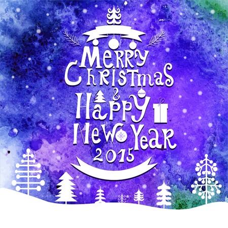 Merry Christmas and Happy New Year lettering Greeting Card. Watercolor background. Vector illustration. 2015 yearのイラスト素材