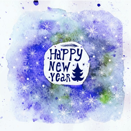 New Year Greeting Card. Happy new year lettering. Greeting card Happy New Year. Watercolor background. Vector.のイラスト素材