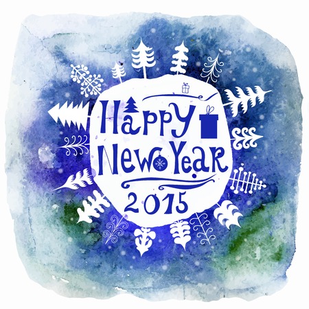 New Year Greeting Card. Happy new year lettering. Greeting card Happy New Year with Christmass trees. Watercolor background. Vector.のイラスト素材