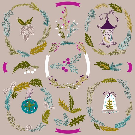 Set of Christmas and New Year wreath and other graphic elements. Christmas decoration collection, leaves, berries .Holiday symbolsのイラスト素材