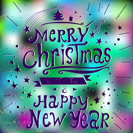 Merry Christmas and New Year 2015 Greeting Card in minimalistic style. Vector illustration. Blurred background with green, blue and pink colors.  Perfect as invitation or announcement.のイラスト素材