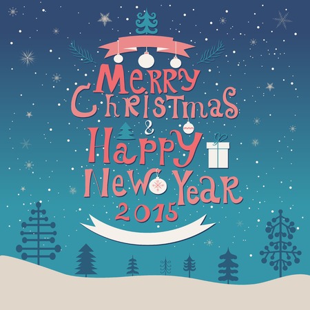 Merry Christmas and Happy New Year lettering Greeting Card. Watercolor background. Vector illustration. 2015 yearのイラスト素材